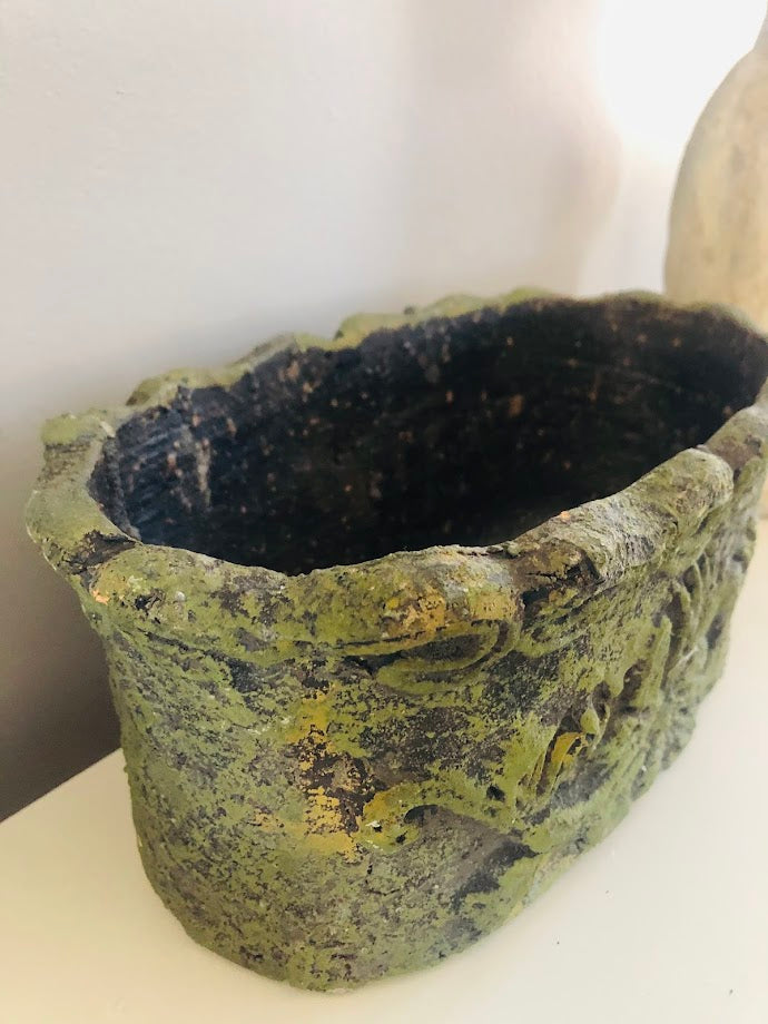 One-of-a-Kind Moss Green Stone Vase – Vintage-Style Ornate Garden Relic