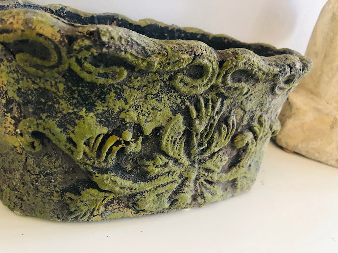 One-of-a-Kind Moss Green Stone Vase – Vintage-Style Ornate Garden Relic