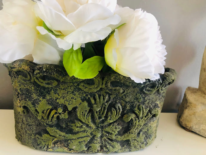 One-of-a-Kind Moss Green Stone Vase – Vintage-Style Ornate Garden Relic