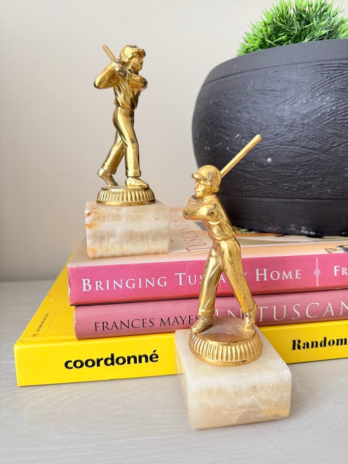 Vintage Munzinger München Alabaster & Brass Baseball Bookends - A Pair