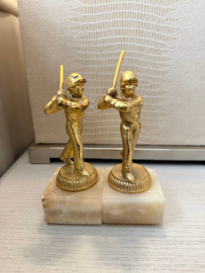 Vintage Munzinger München Alabaster & Brass Baseball Bookends - A Pair