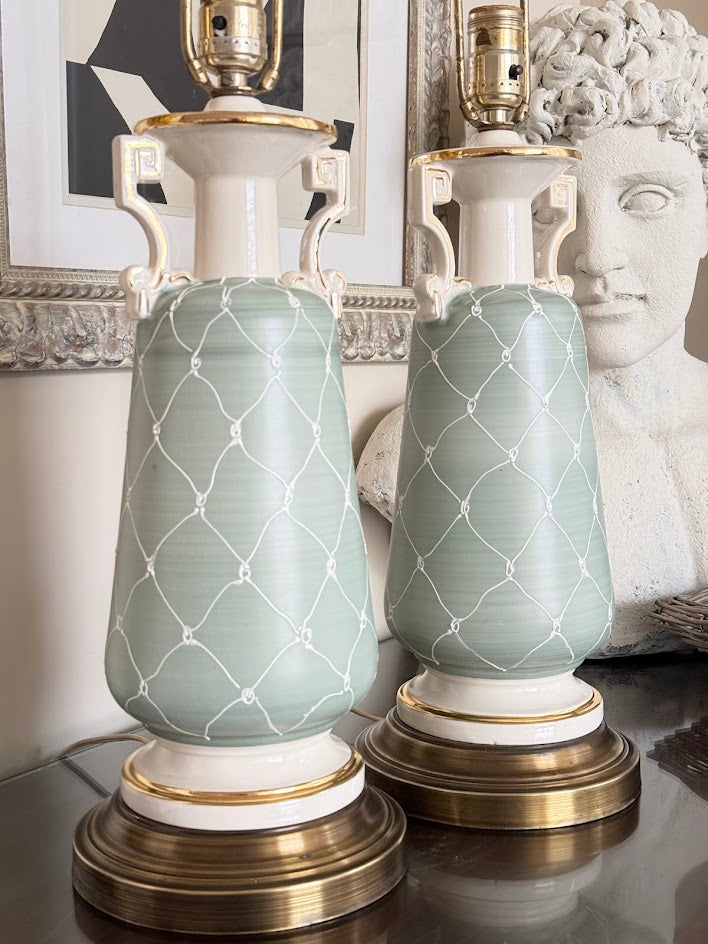 Vintage Hollywood Regency Celadon Porcelain Urn Lamps (Pair)
