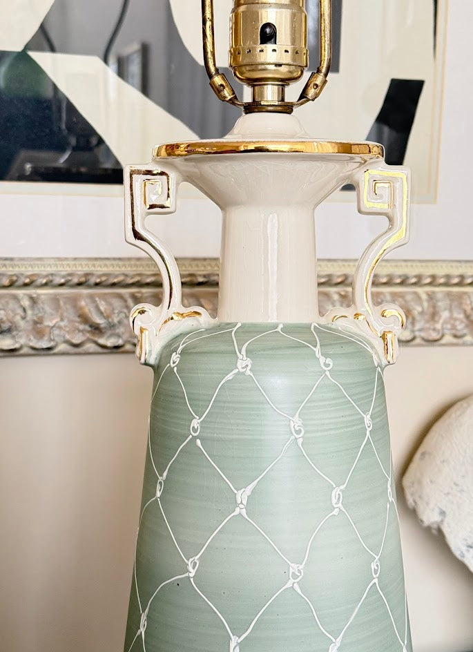 Vintage Hollywood Regency Celadon Porcelain Urn Lamps (Pair)