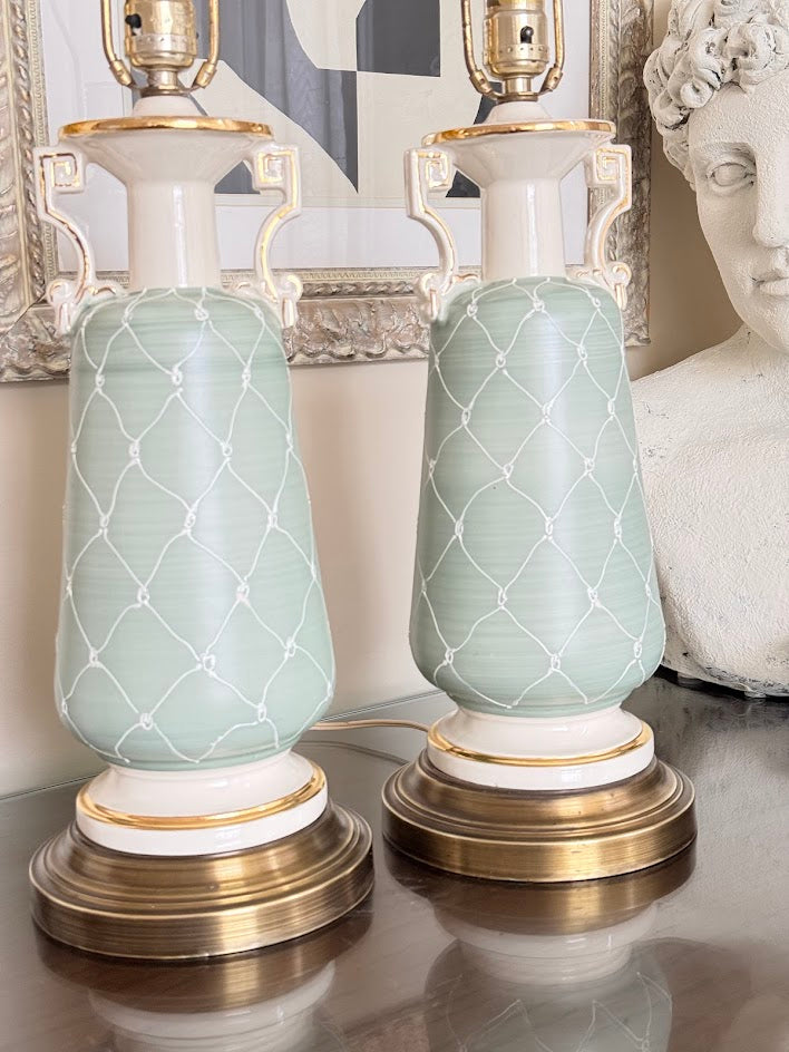 Vintage Hollywood Regency Celadon Porcelain Urn Lamps (Pair)
