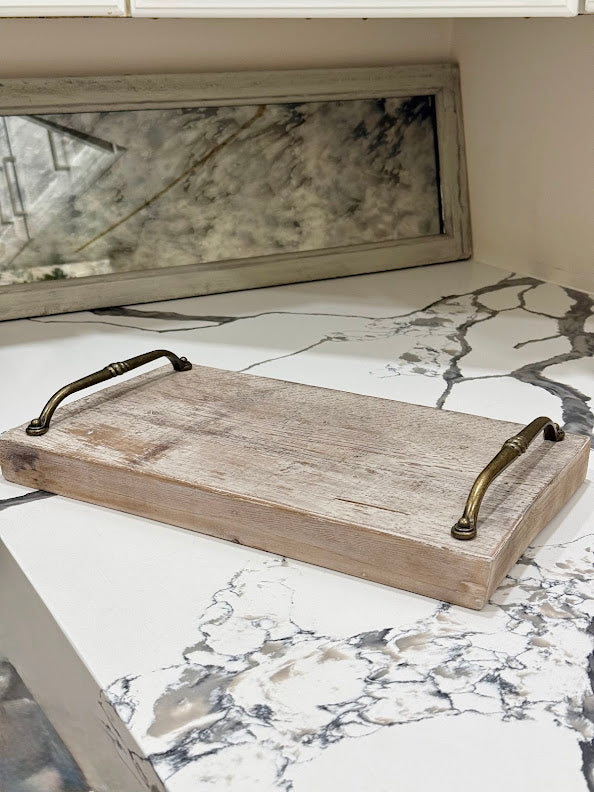 Rustic Hand-Finished Wooden Serving Tray with Vintage Brass Handles