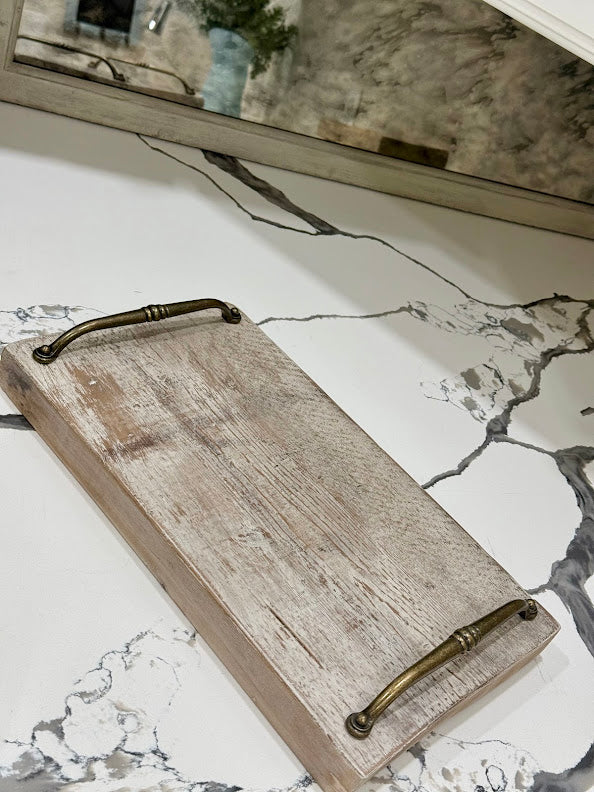 Rustic Hand-Finished Wooden Serving Tray with Vintage Brass Handles