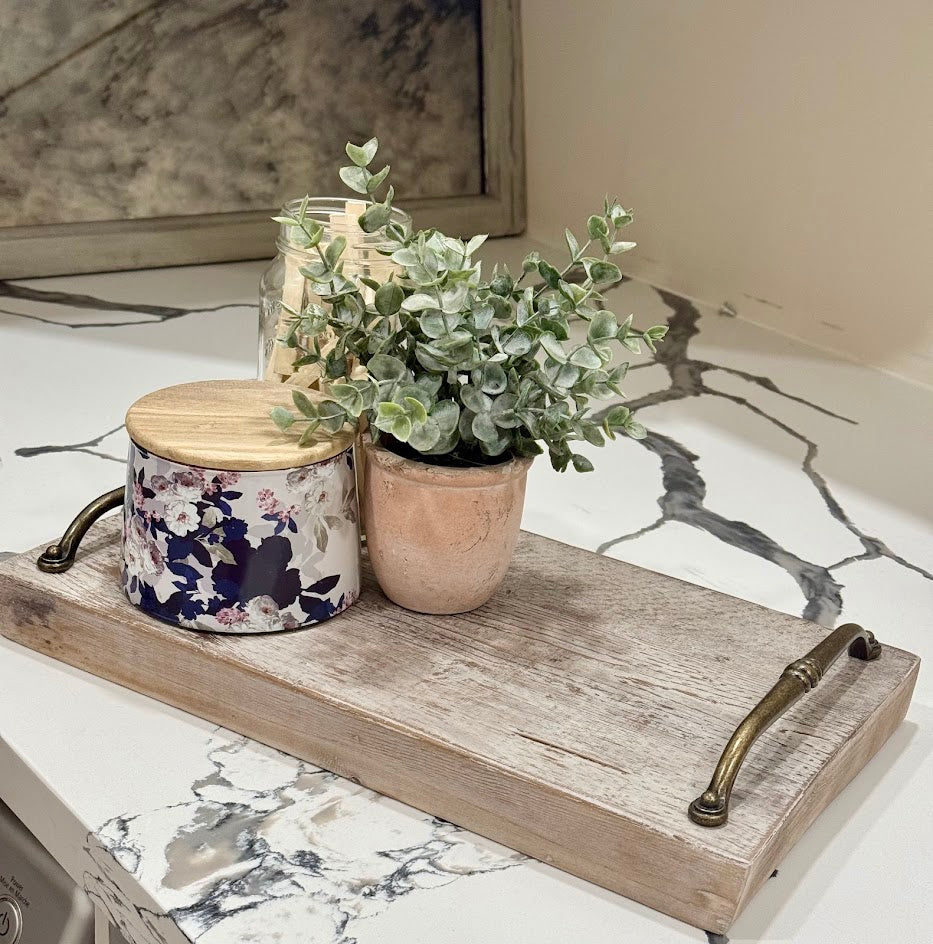 Rustic Hand-Finished Wooden Serving Tray with Vintage Brass Handles