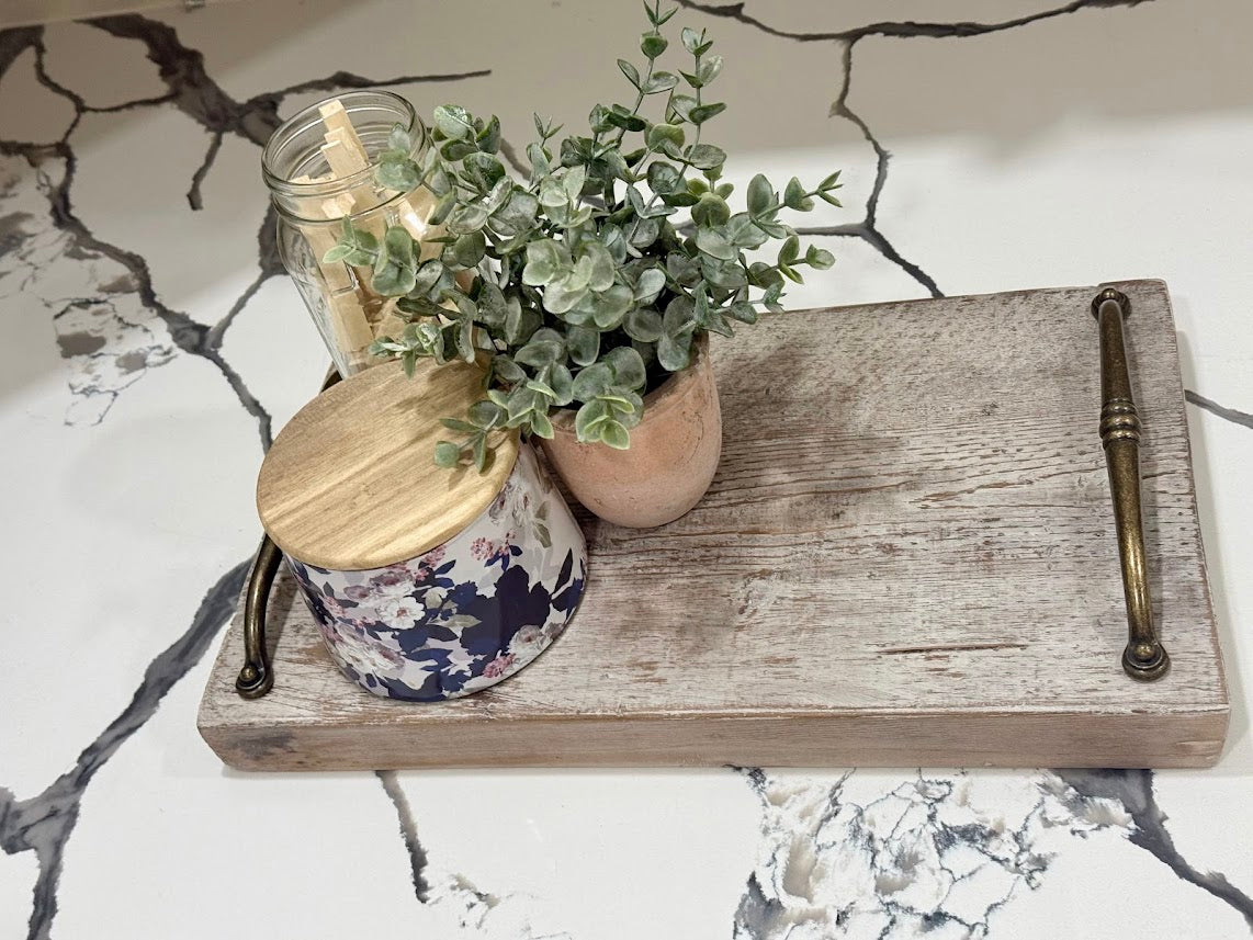 Rustic Hand-Finished Wooden Serving Tray with Vintage Brass Handles