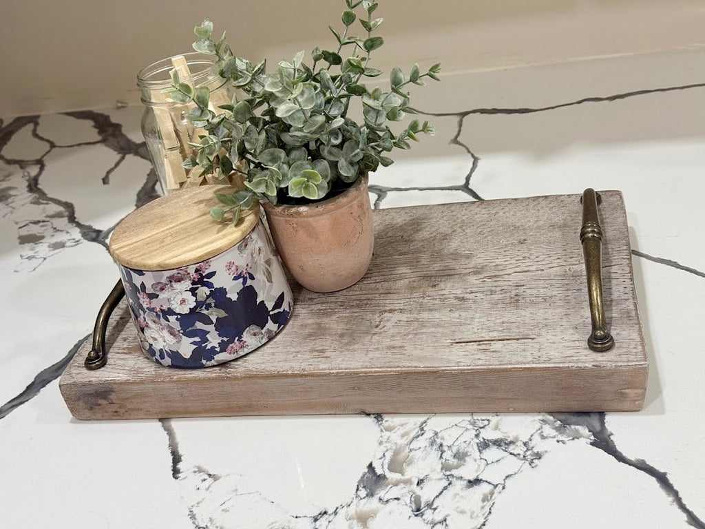 Rustic Hand-Finished Wooden Serving Tray with Vintage Brass Handles