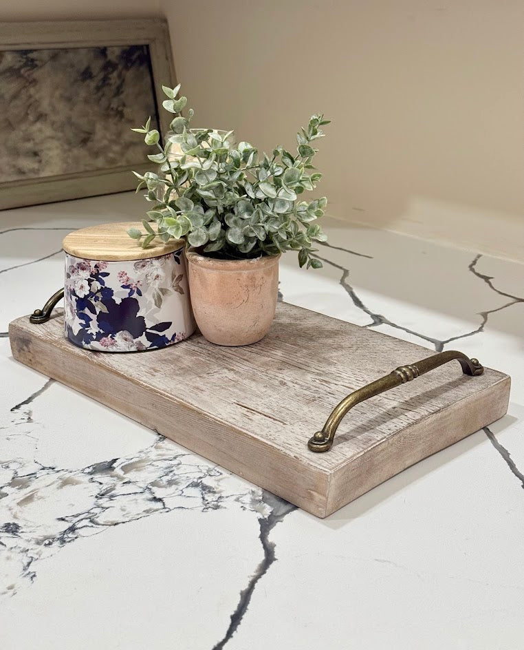 Rustic Hand-Finished Wooden Serving Tray with Vintage Brass Handles