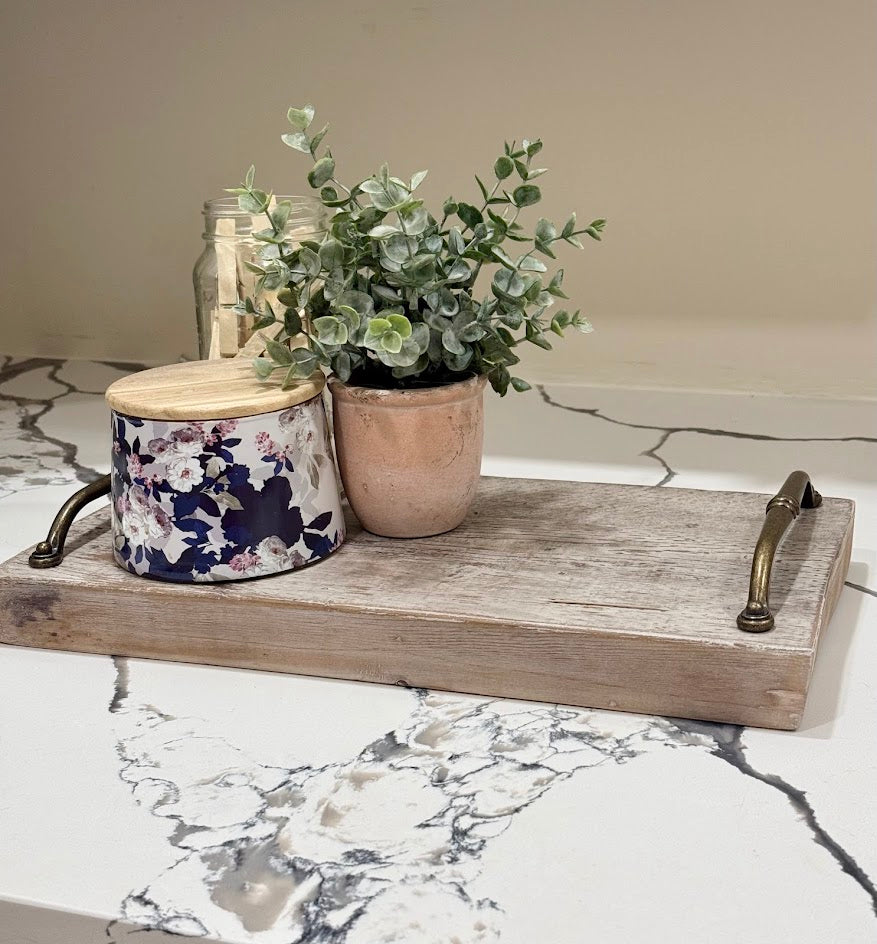 Rustic Hand-Finished Wooden Serving Tray with Vintage Brass Handles