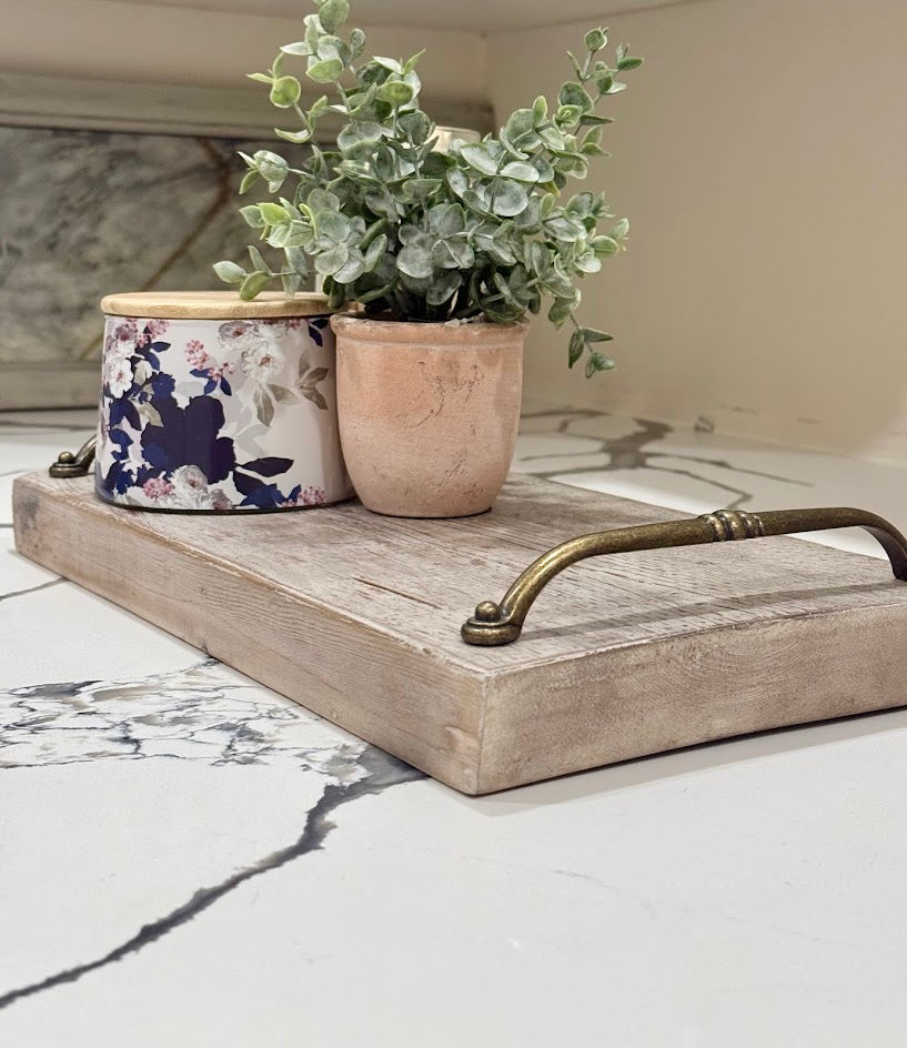 Rustic Hand-Finished Wooden Serving Tray with Vintage Brass Handles