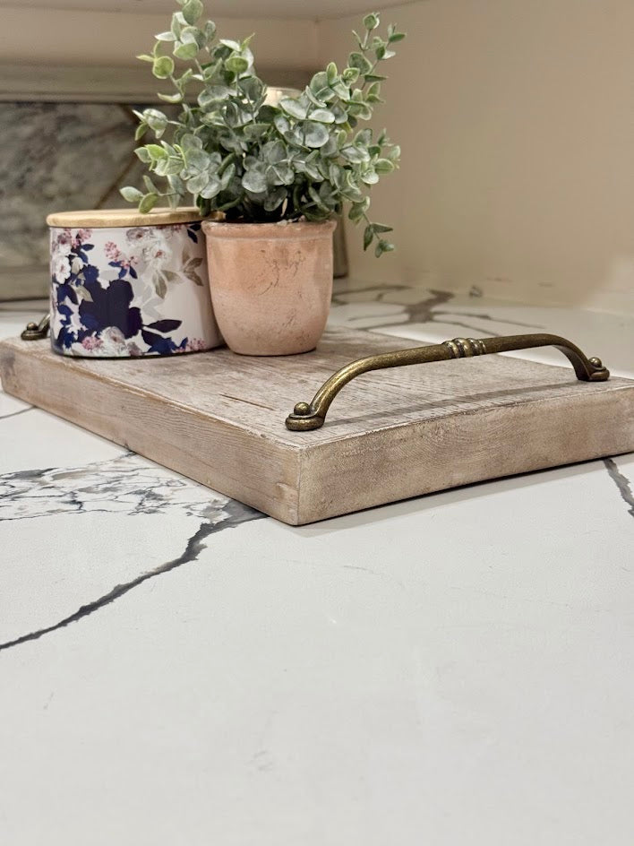 Rustic Hand-Finished Wooden Serving Tray with Vintage Brass Handles