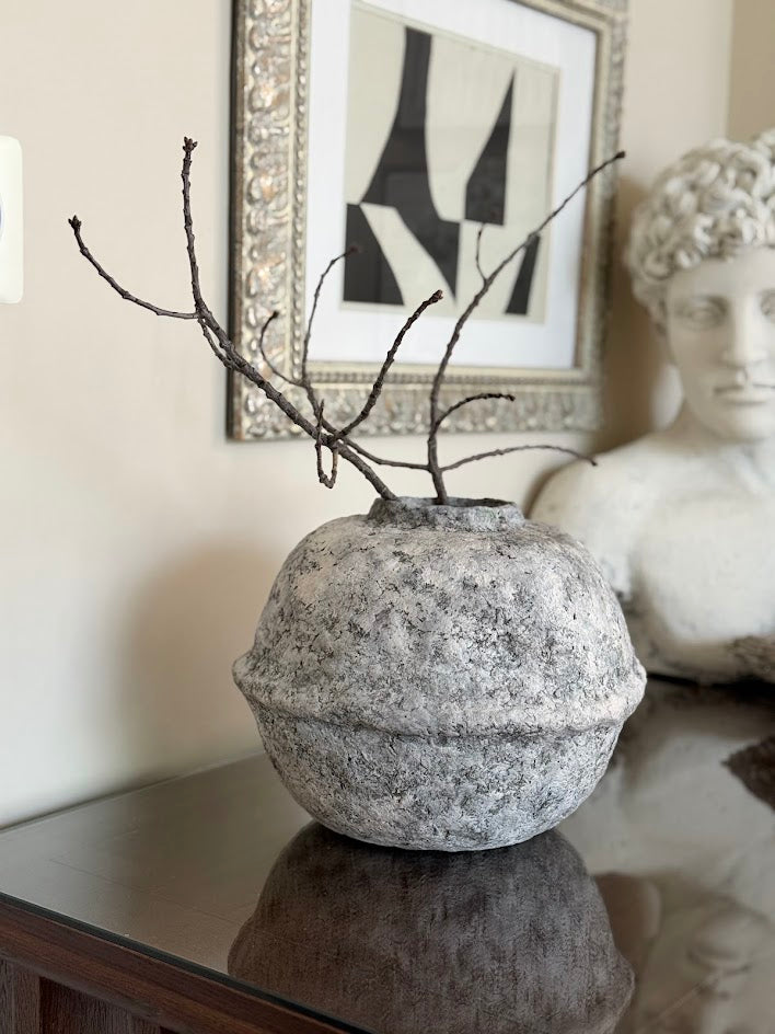 Hand-Sculpted Organic Modern Vessel | Weathered Stone Paper Clay Vase