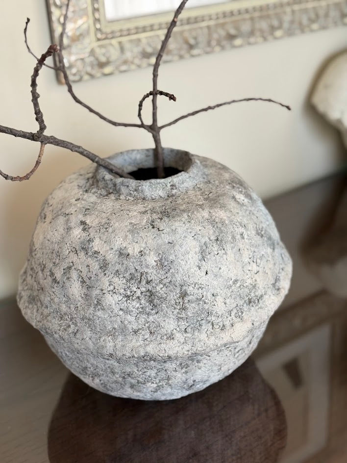 Hand-Sculpted Organic Modern Vessel | Weathered Stone Paper Clay Vase