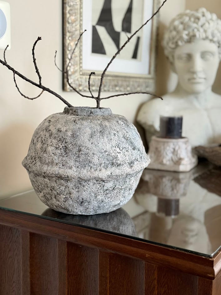 Hand-Sculpted Organic Modern Vessel | Weathered Stone Paper Clay Vase